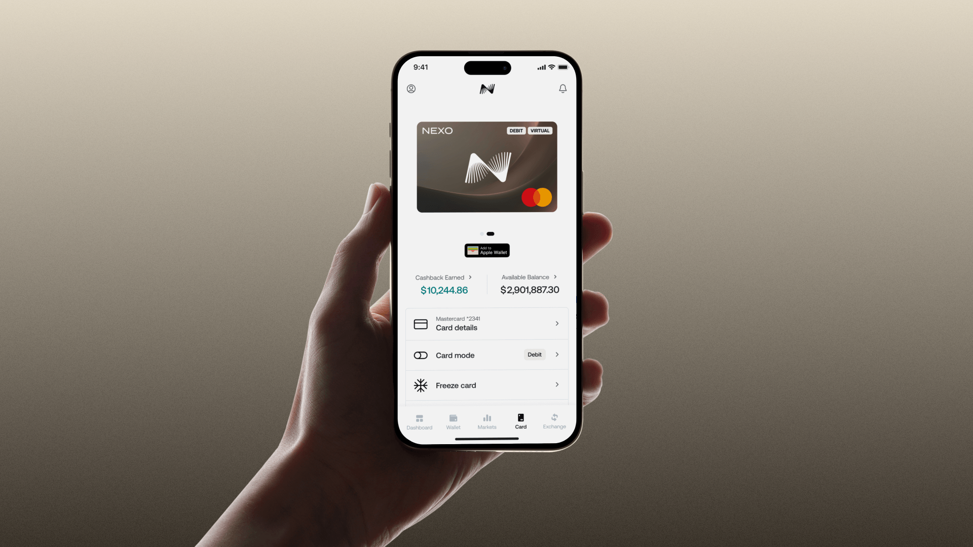 Nexo card inside the Nexo app